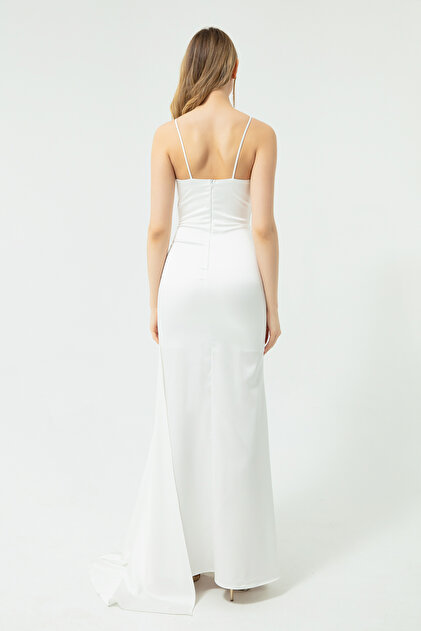 Lafaba Women's White Strap Long Satin Evening Dress & Graduation Dress-  Trendyol