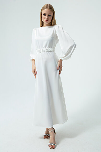 Lafaba Women's White Long Balloon Sleeve Engagement Dress- Trendyol Lafaba Women's White Long Balloon Sleeve Engagement Dress- Trendyol