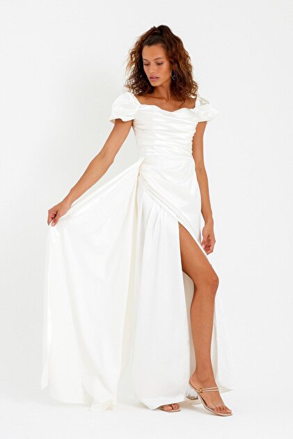 Lafaba Women's White Boat Neck Trained Long Satin Evening Dress & Graduation Dress- Trendyol Lafaba Women's White Boat Neck Trained Long Satin Evening Dress & Graduation Dress- Trendyol