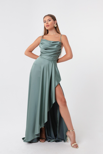 Lafaba Women's Mint Green Flounce Slit Satin Evening Dress & Graduation  Dress- Trendyol