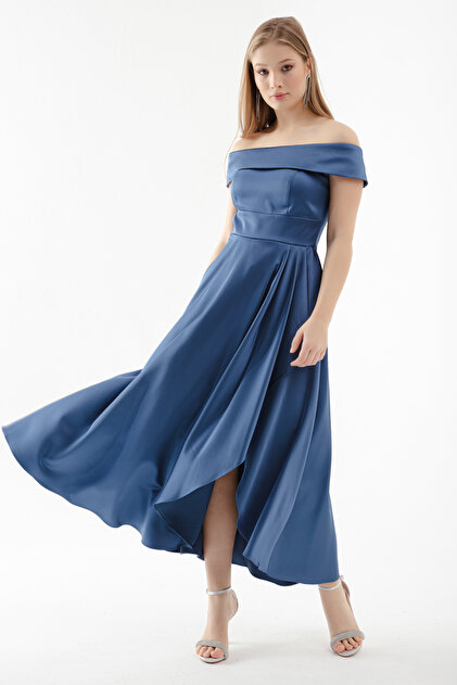 Lafaba Women's Indigo Boat Neck Midi Satin Evening Dress- Trendyol