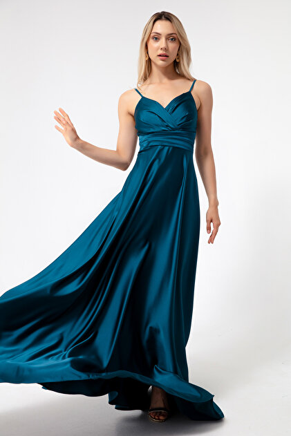 Lafaba Women's Petrol Rope Strap Waist Belted Satin Long Evening