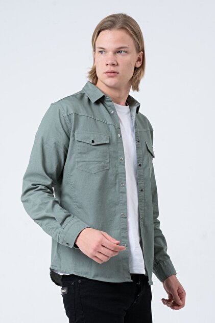 Erkek Su Yeşili Slim Fit Cepli Likralı Kot Gömlek