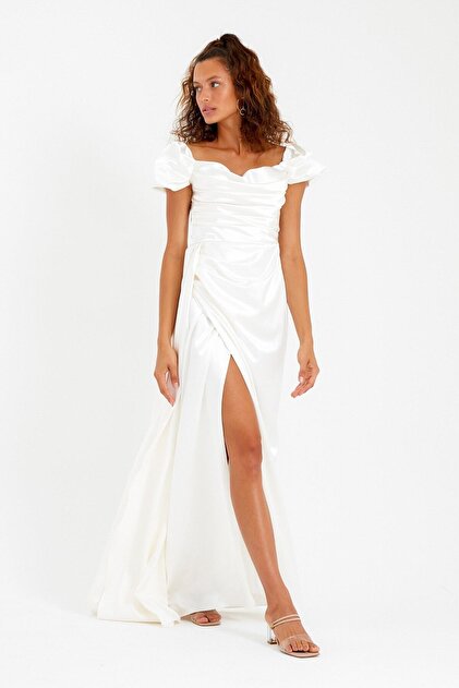 Lafaba Women's White Boat Neck Trained Long Satin Evening Dress & Graduation Dress- Trendyol Lafaba Women's White Boat Neck Trained Long Satin Evening Dress & Graduation Dress- Trendyol
