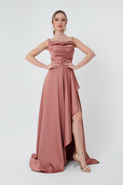Lafaba Women's Salmon Flounce Slit Satin Evening Dress & Graduation Dress-  Trendyol