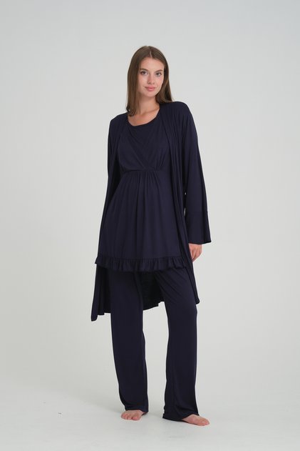 Double Breasted Maternity Pajamas Set with Hidden Nursing Dressing Gown