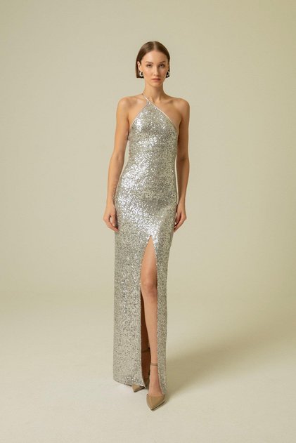 One Shoulder Strap Sequin Silver Long Dress