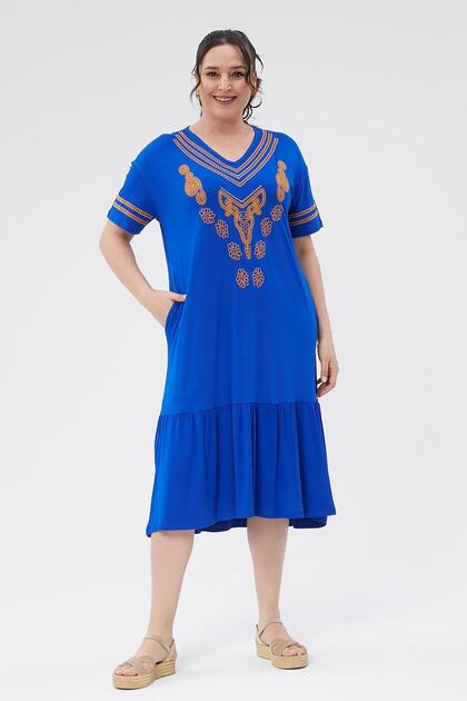 Women's Plus Size Pleated Embroidery Detail Blue Dress