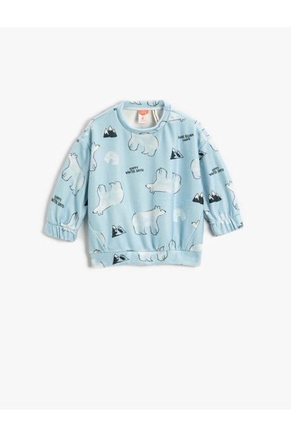 Soft Textured Polar Bear Printed Sweatshirt Long Sleeve Elasticized Cuffs