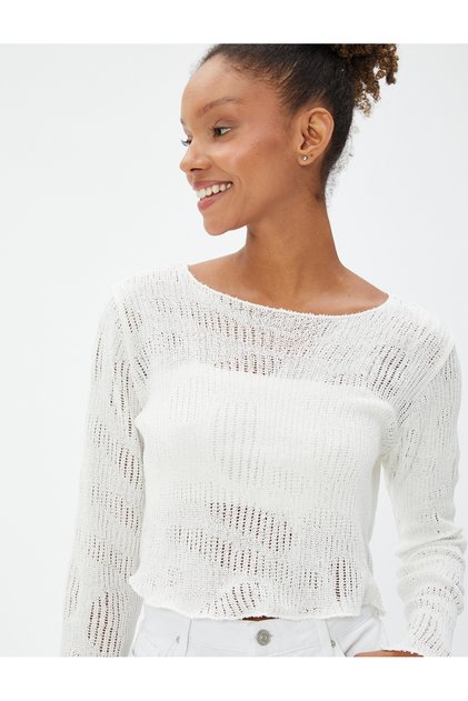 Crop Knitwear T-Shirt Long Sleeve Openwork Crew Neck