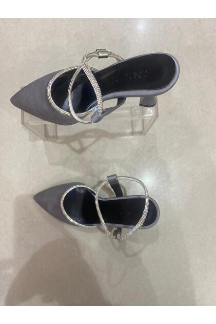 Dark Gray Outer Material Satin Women's Shoes with Stone Accessories