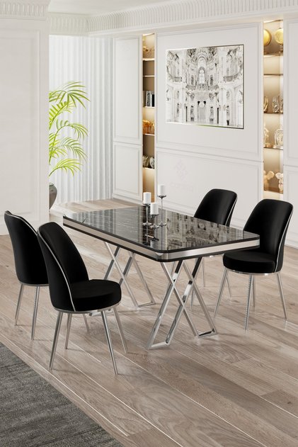 Canisa Vals Serisi 80x130 Lak Panel Siyah Mermer Desen Masa Takımı