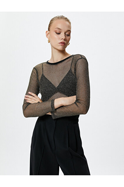 【ゆきねこ】Cotton-blend Voile Sheer Shirt Koton Transparan Tişört Simli Uzun Kollu Bisiklet Yaka - Fiyatı