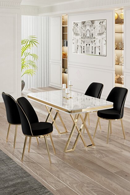 Canisa Vals Serisi 80x130 Lak Panel Beyaz Mermer Desen Masa Takımı