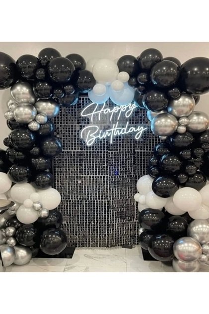60 Pieces Pastel And Chrome Balloon Chain Set (Black, White And Chrome Silver Color Balloons)