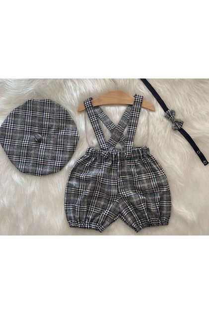 Gray Plaid Children's Suspender Shorts Salopet & Painter's Hat & Bow Tie Suit - Cake Popping - Birthday