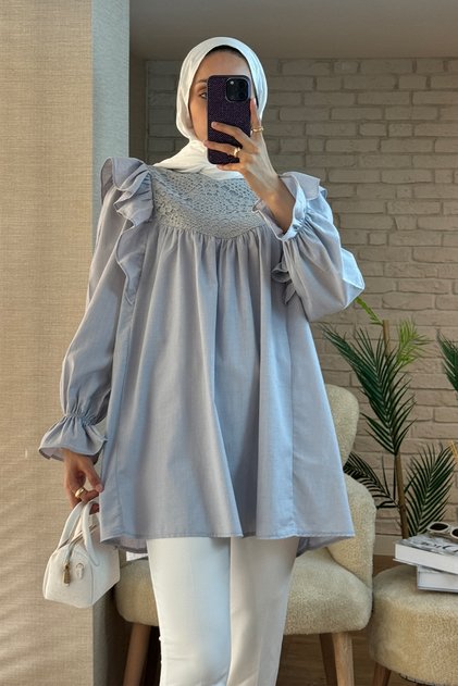 2044 Ruffle Shoulder Tunic - Gray