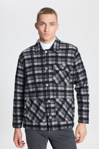 Men's Black Wool Comfort Fit Relaxed Fit Shirt Collar Pattern Winter Shirt Jacket