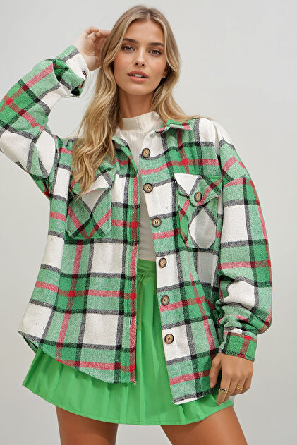 Trend Alaçatı Stili Women's Vibrant Green Plaid Patterned Stamp