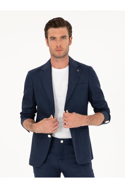 Navy Blue Slim Fit 100% Linen Jacket 50284764-Vr033