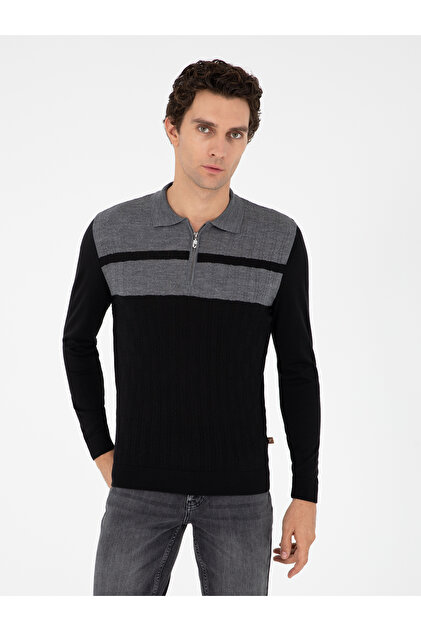 Siyah Slim Fit Polo Yaka Fermuarlı Triko Kazak 50293786-VR046