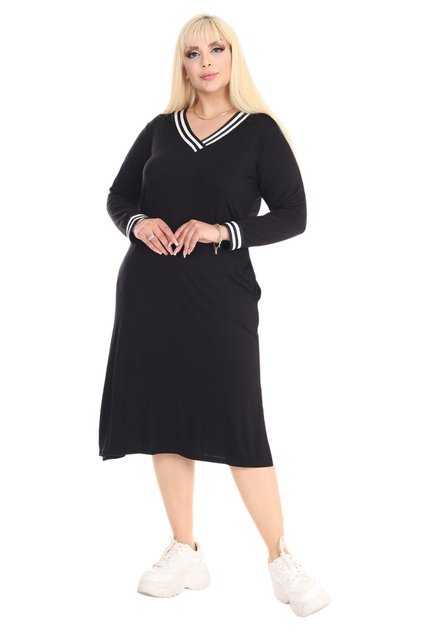 Women's Black Long Sleeve V-Neck Viscose Dress with Striped Collar