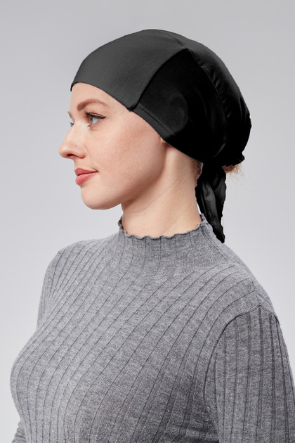 Women's Hijab Lycra Combed Cotton Seamless Non-Slip Flat Tie Bonnet Black