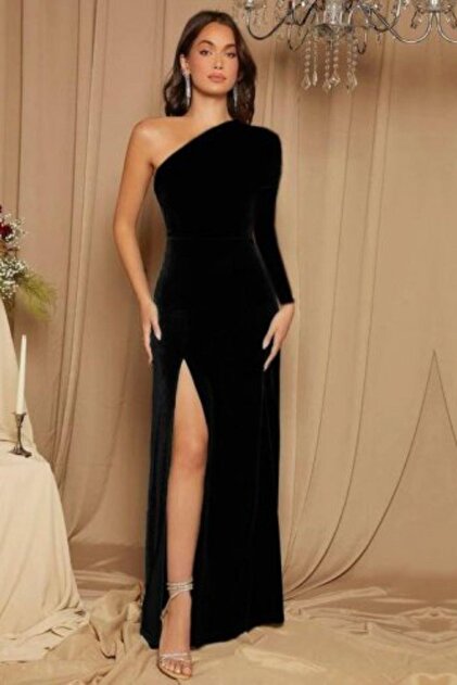 Mossta Black Velvet Dress - Long Sleeve, Slit and Pleat Detail- Trendyol