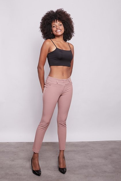 Thick Belted Ornamental Pocket Ankle Length Stretch Fabric Fabric Trousers-Dark Powder