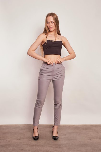 High Waist Thick Belted Pockets Narrow Leg Ankle Length Cotton Stretch Fabric Fabric Trousers-Grey
