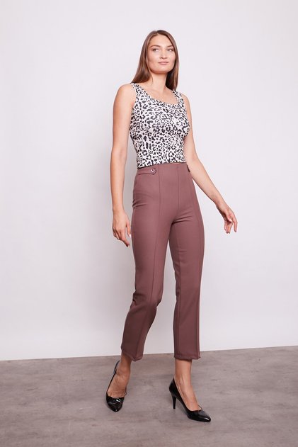 Women's High Waist Buttoned Pipe Leg Fabric Trousers with Stitched Waistband on the Front - Milk Coffee