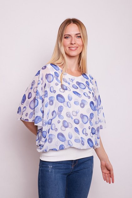 Patterned Chiffon Detailed Boat Neck Bat Sleeve Blouse - Blue Pattern