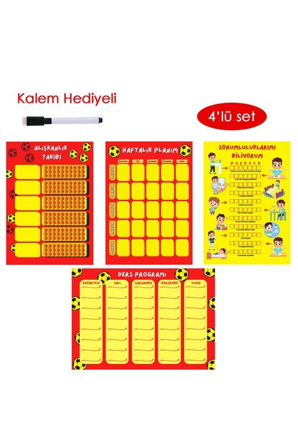 Çocuklar İçin Planlayıcı Set-Sarı Kırmızı(Alışkanlık ve Sorumluluk Takibi, Haftalık,Ders Programı)