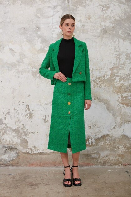 Women's Button Detailed Long Slit Skirt Short Jacket Tweed Fabric Jacket and Skirt Set Green