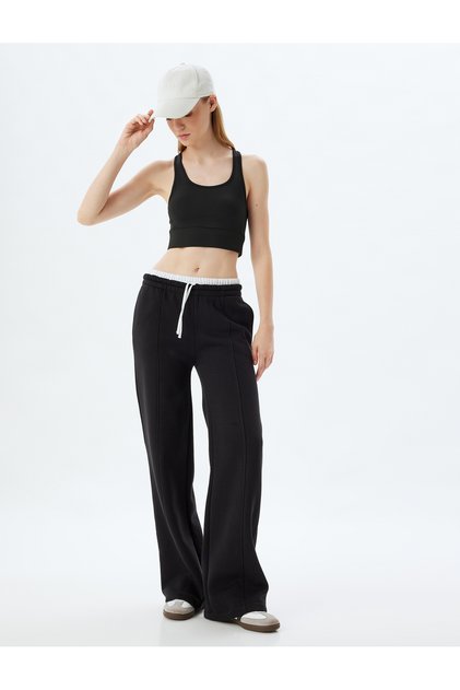 High Waist Sweatpants with Double Waist Detail, Ribbed and Laced at the Waist