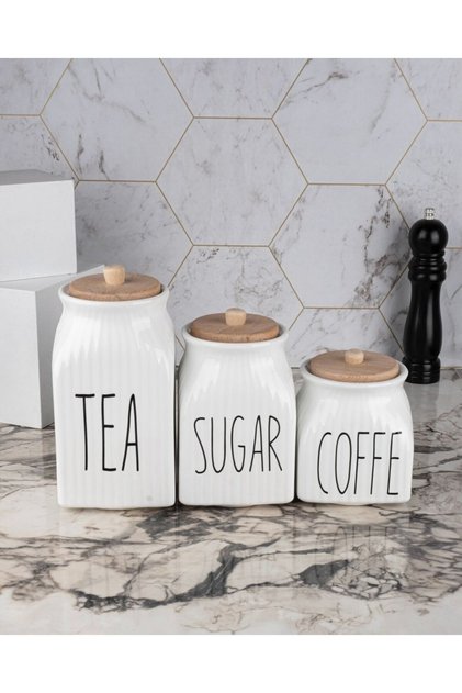3-Piece White Porcelain Sugar Tea Coffee Storage Jar Set (Tea Sugar Coffee) Jar Set