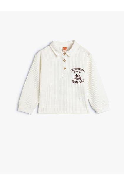 Polo Neck Sweatshirt Embroidery Detail Long Sleeve Textured