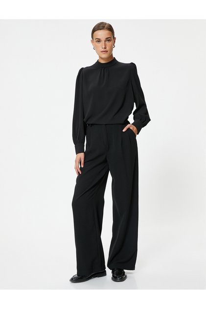 Chiffon Blouse with Cuffs, High Collar, Long Sleeves and Draped Detail