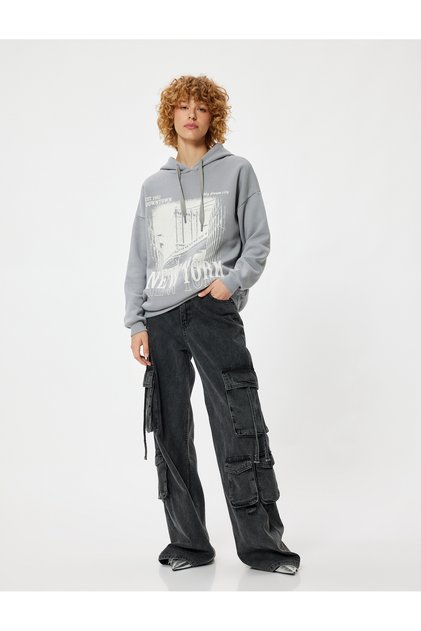 Oversize Hooded Sweatshirt Slogan Printed Long Sleeve