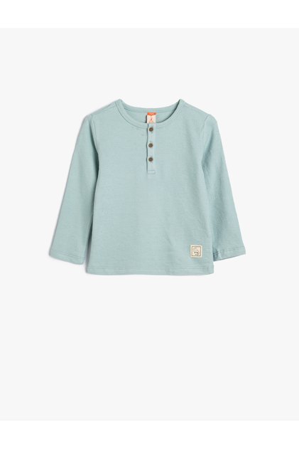 Basic T-Shirt Long Sleeve Crew Neck Textured Button Detail Cotton
