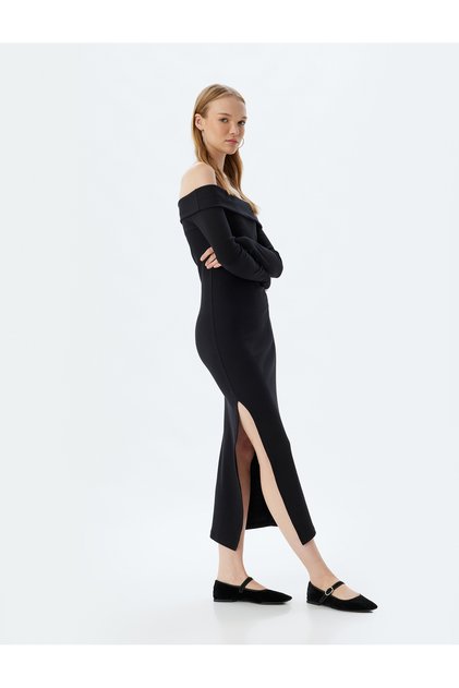 Midi Dress Ribbed Boat Neck Slit Detail Slim Fit Long Sleeve