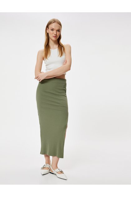 Midi Skirt Slit Detail High Waist A-Line