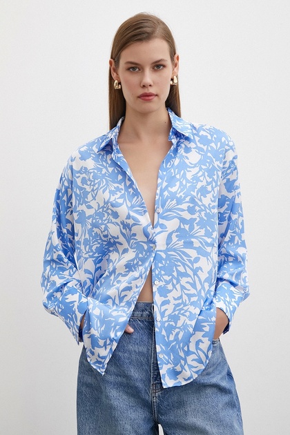 Patterned Wafer Satin Shirt Light Blue