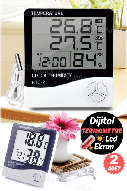 2 Adet Dijital Ekran Termometre Nem Saat Alarm Higrometre Ölçer Mekan Elektronik Monitör Oda Termo