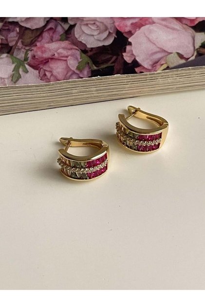 Özel Kaplama Gold Renkli Taşlı Baget Taşlı Luna Küpe (1.60 Cm)