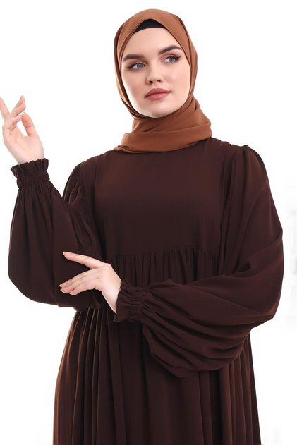 Hijab Dress Bitter Brown Ponchik Roba Detailed Balloon Sleeves Flowy Egyptian Silk