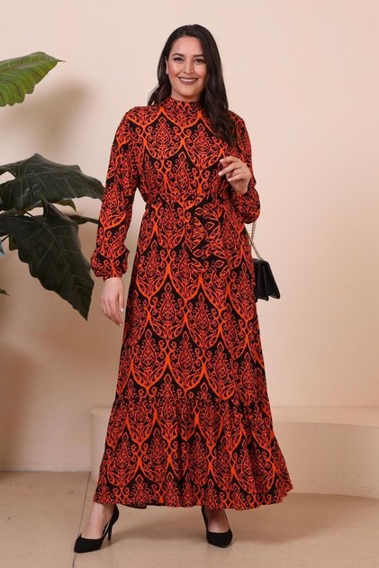 Women's High Collar Large Size Dress with Hijab Viscose Fabric Pleated and Pleated Dress