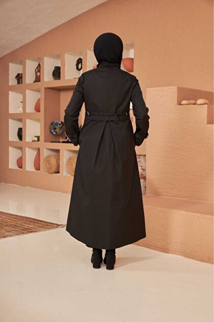 Neways 6302-İnter Drawstring Trench Coat Black- Trendyol