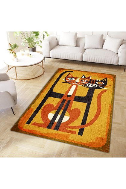 North Collection Two Cats Patterned Woven Base in Orange Tones Modern Decorative Carpet North21