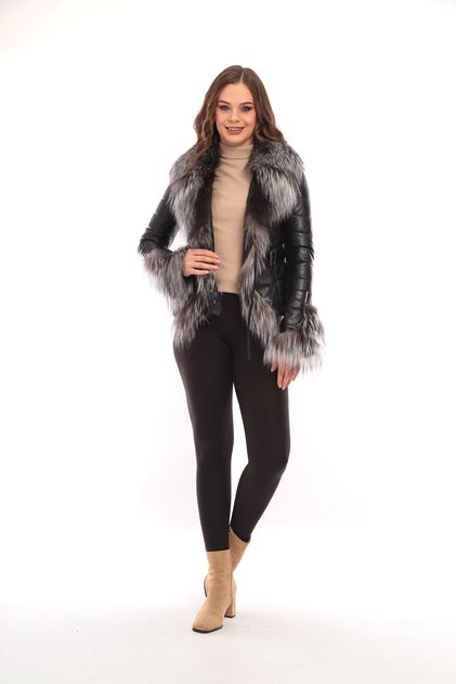 Fur Collar Genuine Leather Belted Coat